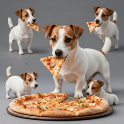 detailed photo of a white jack russel eating pizza, various poses, full body, studio light, 8 k, photorealism, intricate detail, diffuse lighting