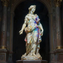 a colorful glowing silhouette of a marble statue in baroque neoclassicist sci - fi halls of creation. detailed textures. gloomy, dark black background. highly detailed fantasy science fiction painting by moebius, norman rockwell, frank frazetta, and syd mead. rich colors, high contrast. artstation