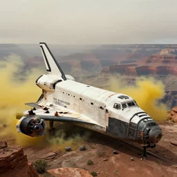 concept art, neill blomkamp movie shot, an astronaut exploring, space shuttle wreckage in the grand canyon, yellow smoke, moody, heavy fog, wide angle, beautiful matte painting, ultra detailed, 8 k render