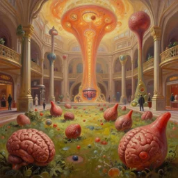 lush bulbous brains and garden fetuses dramatic perspective oil painting by donato giancola, chris foss, organic 3 d fractal a minimalist cinematic scifi bioluminescent microscopy, gigantic pillars, victorian shopping mall courtyard maschinen krieger, beeple, the matrix, star wars, ilm, star citizen, mass effect, warm coloured, artstation, atmospheric perspective