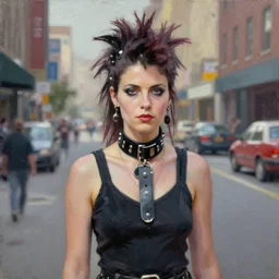 oil painting of punk woman wearing large belt collar around neck, standing in city area, 4 k, artstation