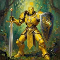full body, attack position abstract painting in lush fantasy environment of a ornate holy mechanical warforged with circular glowing eye, character in yellow armor holding a legendary paladin engraved holy great longsword and carrying a huge heavy paladin shield, vertically flat head, face in focus, epic , trending on ArtStation, masterpiece, cinematic lighting, by Delphin Enjolras and by Ruan Jia and by Greg Rutkowski and by Ross Tran