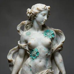 a sculpture of a beautiful woman with flowing tears, turquoise and beige fractal flowers on the skin, intricate, a marble sculpture by nicola samori, behance, neo - expressionism, marble sculpture, made of mist, still frame from the prometheus movie by ridley scott with cinematogrophy of christopher doyle, arri alexa, 8 k