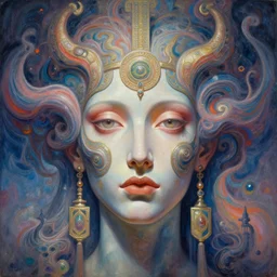 hyper detailed masterpiece, ancient oracle psychedelic prescience trance face portrait, artgerm, moebius, donato giancola, tom bagshaw, digital art painting, dream wave aesthetic, ethereal, epic, italian futurism
