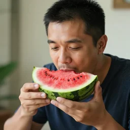 photorealistic man eating a watermelon