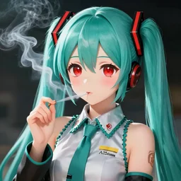 hatsune miku getting high by smoking weed, bloodshot eyes, smoke everywhere