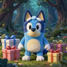 blue'snappy gifts'plush, mascot, in magical forest, gifts, dark atmosphere, high detail, soft lighting, 8 k