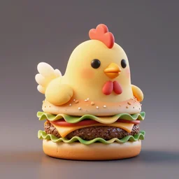 a small chicken animal on a hamburger, food photography, 3d render, studio lighting, highly detailed