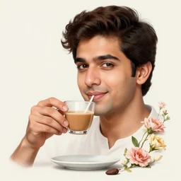 full body portrait, a guy having chai, happy, flowers, absurdly beautiful, elegant, realistic ultrafine hyperrealistic detailed face illustration by salman toor, intricate linework, sharp focus, bright colors, matte, unreal engine highly rendered, global illumination, radiant light, intricate environment