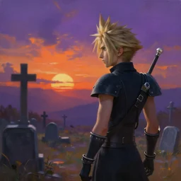 painting of sephiroth from final fantasy 7!!!!!, watching a purple and orange sunset!!, from the black mage cemetery!!!, in the style of justin gerard!!!!