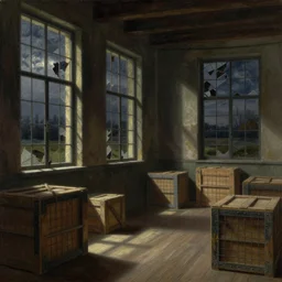 a beautiful painting digital  of a hall at night with broken windows with wooden crates metal grids by  john atkinson grimshaw