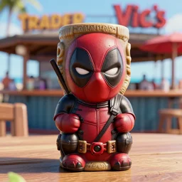 a closeup photorealistic photograph of a deadpool style tiki mug sitting at a trader vic's beach bar featuring the face of deadpool. tiki party. bright scene. fine detail. this 4 k hd image is trending on artstation, featured on behance, well - rendered, extra crisp, features intricate detail, epic composition and the style of unreal engine.