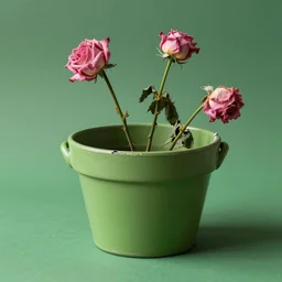 a partly broken green flowerpot with dying pink roses, green background, studio lighting, the pot has 2 handles on the sides