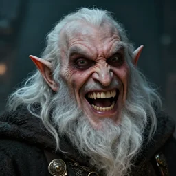 closeup portrait of an evil dwarven necromancer, manic, laughing, sunken cheeks, white beard, art by greg rutkowski