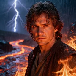 an ultra realistic, cinematic shot, of anakin skywalker, fire, facial features, background of a lava river, with rain and lightning, detailed, deep focus, movie still, dramatic lighting, ray tracing, by michal karcz and yoshitaka amano
