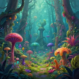 a forest of alien plants, award winning concept art, colorful, vibrant, surreal, from a science fiction book cover, trending on artstation
