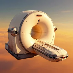 a gigantic mri machine shaped spaceship floating in the sky, maschinen krieger, ilm, beeple, star citizen halo, mass effect, transformers, elysium, warm saturated colours