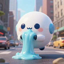 spherical hovering kawaii robot sucking up a huge mess of slime fro. The streets of nyc, trending on artstation, anime, ue5, photoreal
