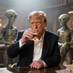 A long-shot, color cinema film still of a Donald Trump drinking alcohol in the Mos Eisley's Tavern, Two aliens around, misty, studio lighting; from Star Wars(1977)