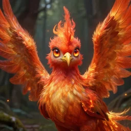 long shot of a cute phoenix bird and woman chimaera inside a forest, sparkling eyes, embers in her eyes, shining eyes, sharp features, big flowing fiery feathers, highly detailed, digital painting, artstation, concept art, smooth, sharp focus, beautiful feathers, expressive eyes, illustration, art by artgerm and greg rutkowski and alphonse mucha