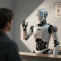 a robot talking to someone, photorealistic