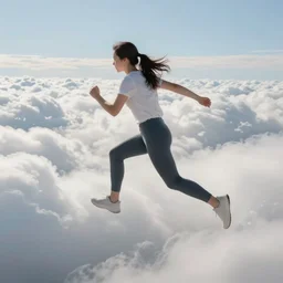 running and falling on clouds, 4k, post-processing, detailed, artstation
