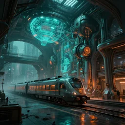 futuristic steampunk train station, exterior, teal glow, orange glow, scifi, machines, artificial intelligence, ultra realistic, highly detailed, futuristic landscape, industrial, city, atmosphere, highlighted, cinematic, art by jan urschel and neil blevins