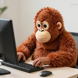 an orangutan fluffy plush using a computer