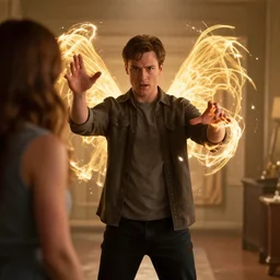 cinematic shot of Evan from Evan Almighty using his god powers on a woman