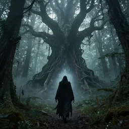 a very detailed undead, shady dementor walking through a very detailed malificent, spectacular, ravenous portal to another world in a mighty, horrific tree standing in a thickly vegetated, foggy, sombre forest in a fabulous fantasy world, high definition, dreamlike light incidence, realistic style, 4 k