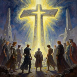 epic oil painting of zeta cohort gathering in a virtual realm around a huge stone monument shaped like zeta, radiant light, concept art, epic zeta symbol statue, by craig malismo, shinkai, kinkade, stella, mckie, alex grey, bluth, pranckevicius, graaf, chris moore, gric, masson, aivazosky, lovecraft, desp