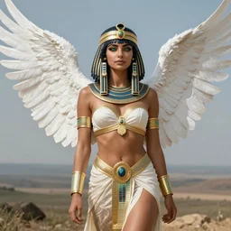 beautiful full body sultry egyptian priestess wearing white dove wings, warframe armor, regal, attractive, ornate, sultry, pretty face, green eyes is represented by peter mohrbacher, art nouveau, landscape, cinematic