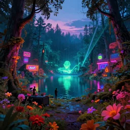 urbex by wolf d. prix, scumm bar vaporwave tron lake anime at dusk reclaimed by nature thermal vision neon signs at dawn dramatic lighting flowers infrared synthwave rainforest alien sunlight magic realism thermal imaging forest landscape laser, archdaily, wallpaper, highly detailed, trending on artstation.