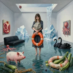painting of a flooded modern art gallery and a tall emo girl holding a large stone, art gallery interior, pig, lifebuoy, liminal space, hemp ropes, courgette, waterfall, black lounge, feminine, organic, icebergs, pomegranates, octopus, zen, black swans, courgettes, berries, surrealist, by magritte and monet