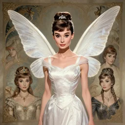 audrey hepburn as a winged fairy in a fantasy novel, various backgrounds, intricate, elegant, highly detailed, digital painting, artstation, matte, illustration, art by artgerm, greg rutkowski, tom bagshaw