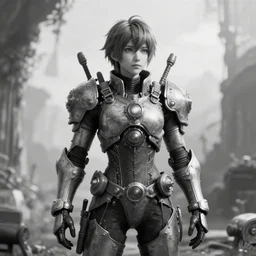 a vertical portrait of a character in a scenic environment by nihei tsutomu, black and white, dreamy, steampunk bioarmor, highly detailed, 3 d render, vray, octane, realistic lighting