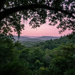 a forested landscape, large hanging tree canopies, pink light on the horizon, mountains, vast foliage by eyvind earle, highly detailed, volumetric lighting