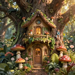 the interior of a celestial dainty fairy cottage in a tree trunk decorated beautifully, lots of cute fairy design elements like toadstool mushrooms, warm sunlight shining in, lots of plants and flowers, concept art 8 k resolution, fantasy illustration, detailed painting, and deep color