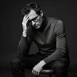 black and white, studio photograph of a male italian artist wearing glasses sitting on a stool wearing a turtleneck, anxiety and depression, intricate, elegant, highly detailed, hyper realistic, dark background, flickr, smooth, sharp focus, shot by steve mccurry