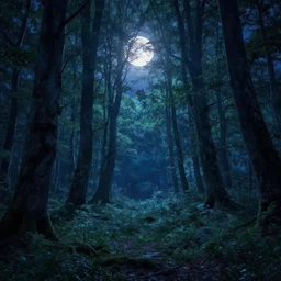 Ethereal Fairy forest at night, moonlight, enhanced lighting by Greg Rutkowski and Thomas Kinkade, panoramic