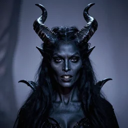 head and shoulders portrait of an evil, black - skinned, horned night hag portrayed by shirley maclaine, d & d, fantasy, luis royo, magali villeneuve, donato giancola, wlop, krenz cushart