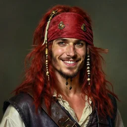 portrait of a young ruggedly handsome but joyful pirate with red hair, male, masculine, upper body, red hair, long hair, d & d, fantasy, joyful smirk, intricate, elegant, highly detailed, digital painting, artstation, concept art, matte, sharp focus, illustration, art by artgerm and greg rutkowski and alphonse mucha