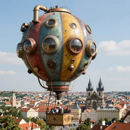 large colorful futuristic space age metallic steampunk steam - powered balloons with pipework and electrical wiring around the outside, and people on rope swings underneath, flying high over the beautiful prague city landscape, professional photography, 8 0 mm telephoto lens, realistic, detailed, photorealistic, photojournalism