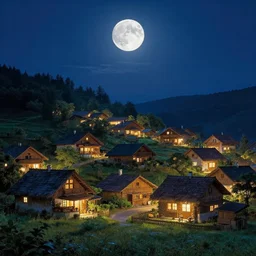 Cozy village at night by Greg Rutkowski and Thomas Kinkade, moonlight, enhanced lighting, hyperrealism, high detail, 8k, artstation