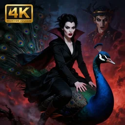 hyperrealistic portrait of a woman as a vampire witch in a black coat riding a dark swan peacock through hellish night sky. by jeremy mann and alphonse mucha, fantasy art, photo realistic, dynamic lighting, artstation, poster, volumetric lighting, very detailed faces, 4 k, award winning