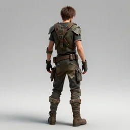 male teen wearing tattered post apocalypse outfit, back to the viewer, full body shot, 3 d render, 8 k, isolated, ya fantasy