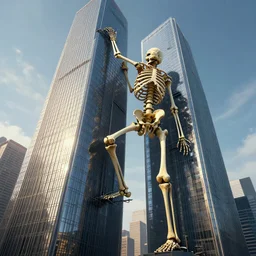 giant human skeleton climbing the side of a ( ( ( ( ( skyscraper ) ) ) ) ), 4 k, volumetric lighting, epic scale, surrealism, dystopian, photograph