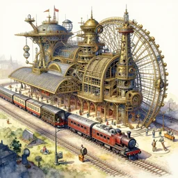 a hiper intricate watercolor of a steampunk train station, being built piece by piece, almost done, fibonacci, intricate, highly detailed, digital painting, artstation, concept art, extremely detailed, sharp focus, wide view, smooth, digital illustration, colorfull, by william turner art, by greg rutowski, by carl larson, by edmund dulac
