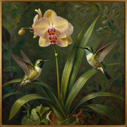 jungle orchids and hummingbirds by martin johnson heade. oil on canvas.