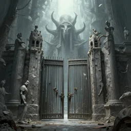 the gates of hell by beksinski, beuckelaer, bomberg, carus, moebius, delvaus, ellis, peter elson, giger, jansson, john martin, phillips coles, pollock, watrous. mysticism brutalism, ethereal, unsettling, artstation, 8 k, rendered, 3 d
